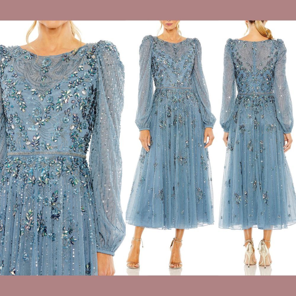 NEW $698 Mac Duggal [ 4 ] Floral Embellished Puff‎ Long Sleeve Midi Dress G1827